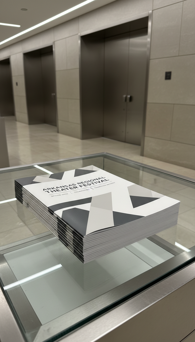 A stack of perfectly aligned high-gloss programs for a regional Arkansas theater festival, featuring minimalist cover designs with geometric patterns in muted charcoal, cream, and silver. The stack rests on a spotless glass display case, set within a modern lobby accented by subtle architectural lines in neutral stone and brushed metal. Cool, ambient lighting from recessed fixtures overhead creates soft reflections on the program covers, adding depth and highlighting their pristine edges. Photographed from a slightly elevated angle with an emphasis on orderliness, the mood is polished and sophisticated. The overall image is presented in a corporate, structured style ideal for promotional or informational materials.