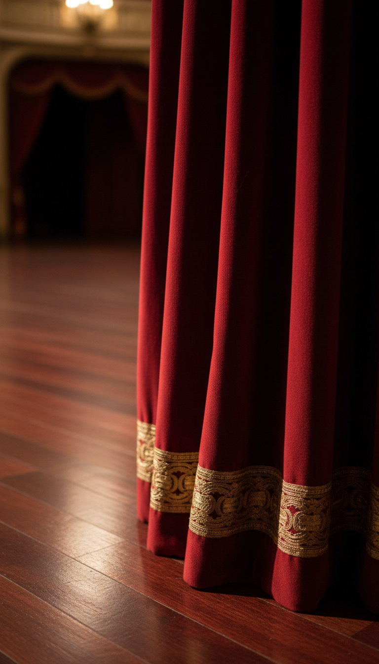 A close-up of a deep red velvet theatre curtain with rich texture and subtle gold trim, slightly parted to reveal a polished wooden floor beyond. The subject is framed tightly on the curtain’s intricate folds, highlighting tactile softness and lustrous color under focused, directional stage lighting that creates dramatic contrasts and gentle shadows within fabric creases. The atmosphere is elegant and anticipatory, evoking the magic before a performance begins. Captured at a slight angle with shallow depth of field, the composition draws attention to the luxurious fabric while maintaining a clean, corporate aesthetic in line with professional editorial features.