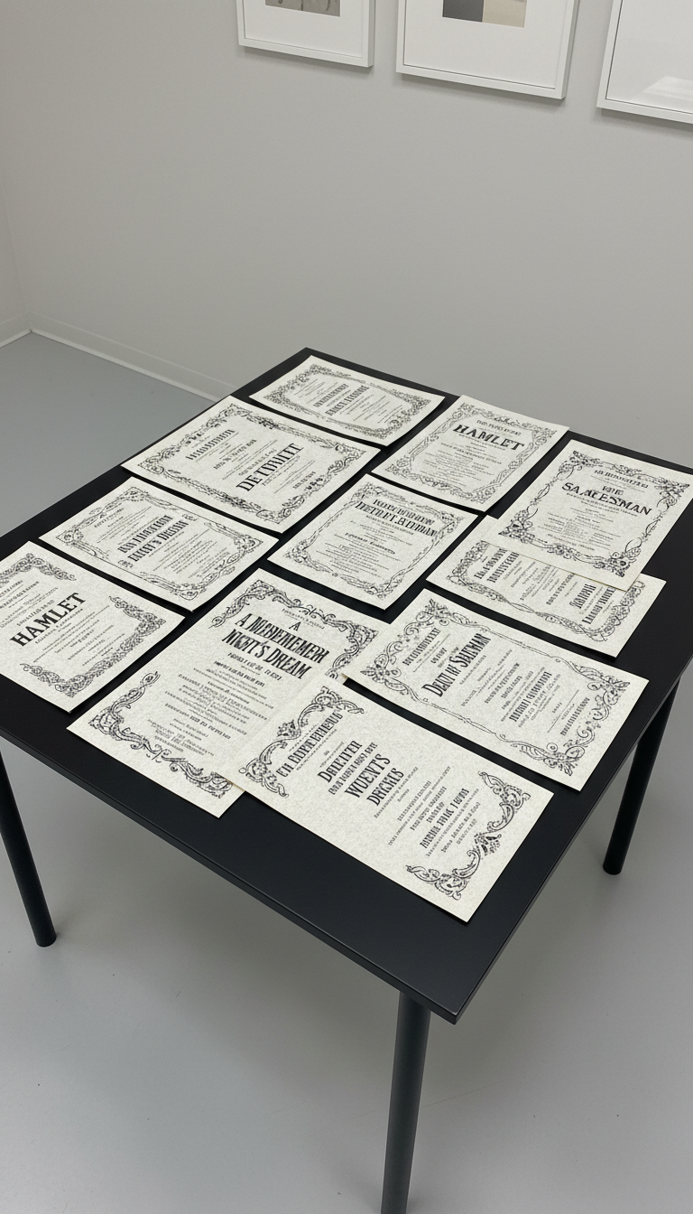 A meticulously arranged collection of classic theater playbills printed on textured, off-white paper with bold, vintage typography and ornate borders. The playbills are neatly fanned out on a matte black table with clean edges, set against a background of pale gray walls and minimalist decor. Balanced studio lighting from above softly illuminates the playbills, accentuating fine print details and casting precise shadows on the table surface. The image is shot from a bird’s-eye perspective, ensuring every element is sharply in focus. The composition uses structured, minimalist framing and neutral tones, conveying an organized and professional mood reflective of archival documentation style.