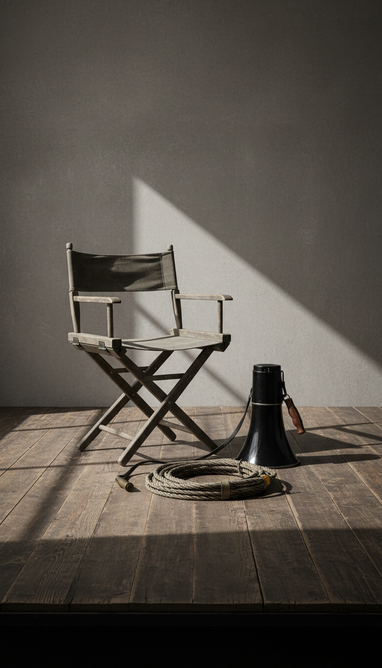 An abstract composition featuring a tableau of props: a weathered wooden director’s chair, a gloss-black megaphone, and a coiled vintage stage cable artfully arranged against a neutral concrete backdrop. The scene is anchored on a wide, stage-like wooden platform, with crisp, controlled natural light filtering in from the left, casting subtle, geometric shadows across the objects. The camera captures the scene head-on, employing asymmetrical balance and moderate depth of field, with sharp, clear focus on textures and materials. The tone is contemplative and professional, underscoring the behind-the-scenes craftsmanship of theatre production with a photographic, minimalist style.